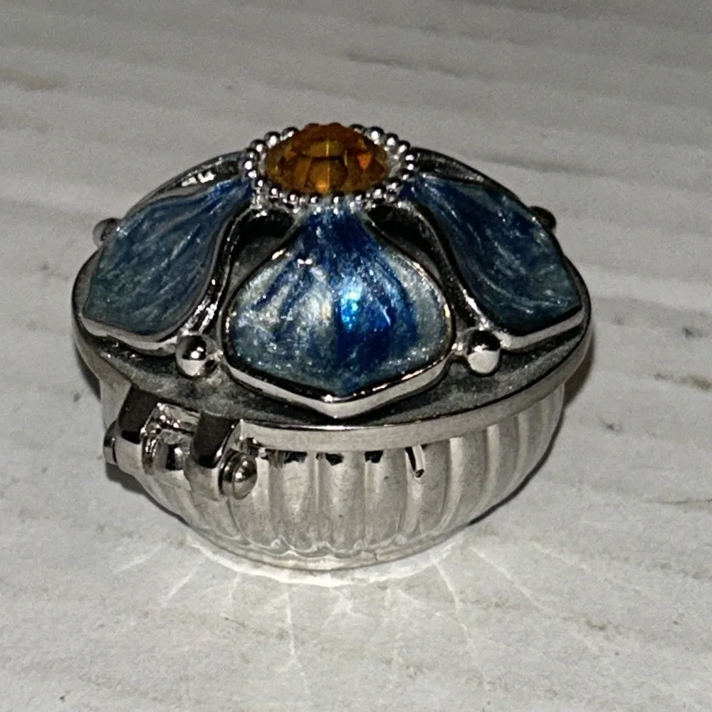 Jane Seymour Small Pill Box Trinket Enamel Blue Flower Yellow Rhinestone
